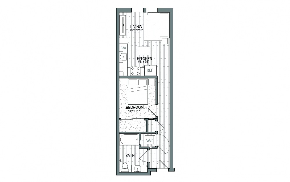 A1 AFF - 1 bedroom floorplan layout with 1 bath and 561 square feet.