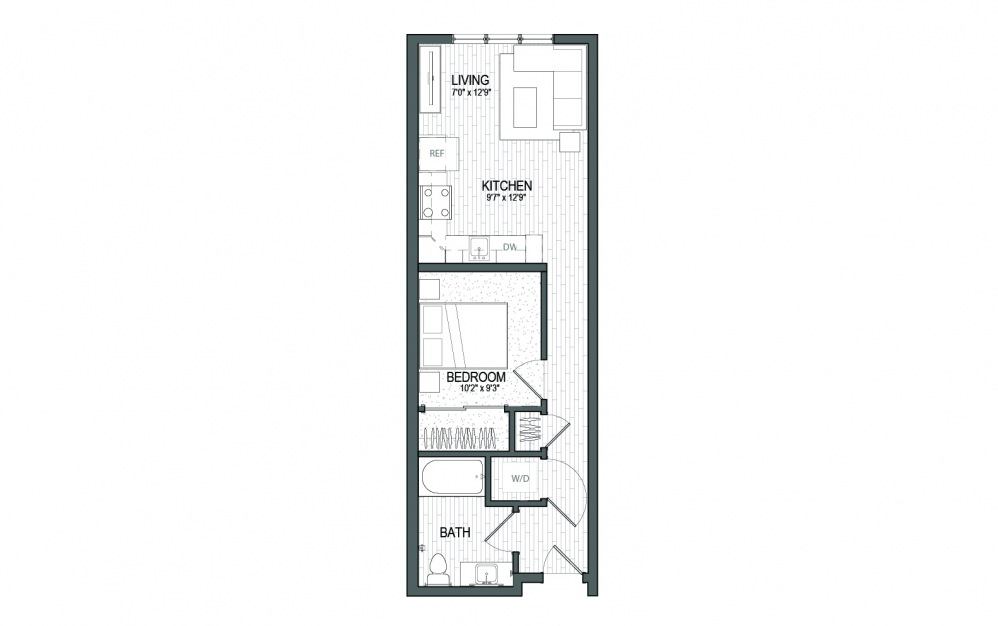A2 LUXE - 1 bedroom floorplan layout with 1 bath and 577 to 602 square feet.