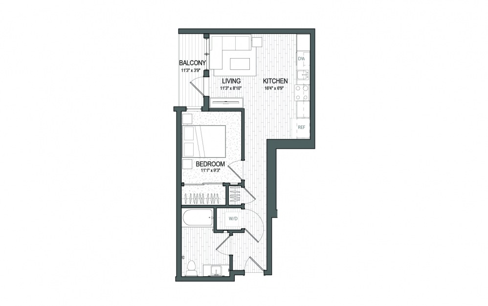 A3 LUXE - 1 bedroom floorplan layout with 1 bath and 590 square feet.