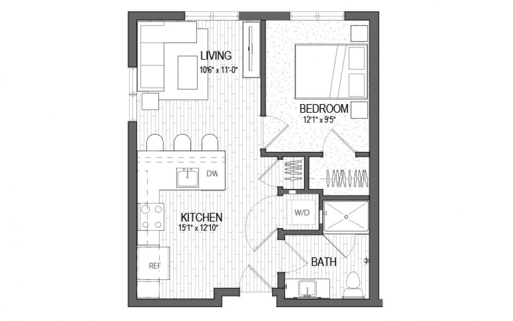 A4 LUXE - 1 bedroom floorplan layout with 1 bath and 573 square feet.