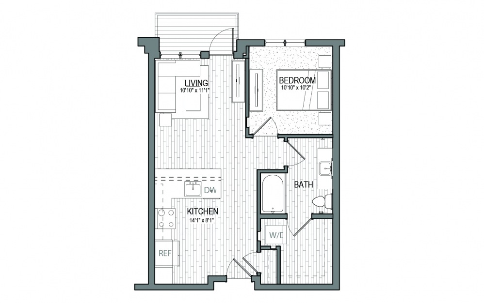 A5 - 1 bedroom floorplan layout with 1 bath and 643 to 709 square feet.