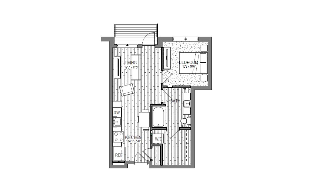 A5A - 1 bedroom floorplan layout with 1 bathroom and 598 square feet