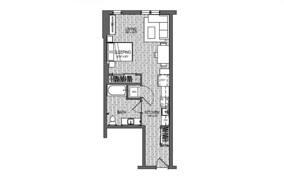 S9 LUXE - Studio floorplan layout with 1 bath and 582 square feet.