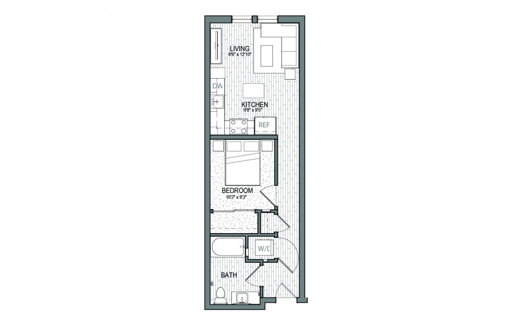 A6 - 1 bedroom floorplan layout with 1 bath and 561 square feet.