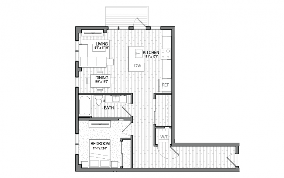 A7 - 1 bedroom floorplan layout with 1 bath and 859 square feet.