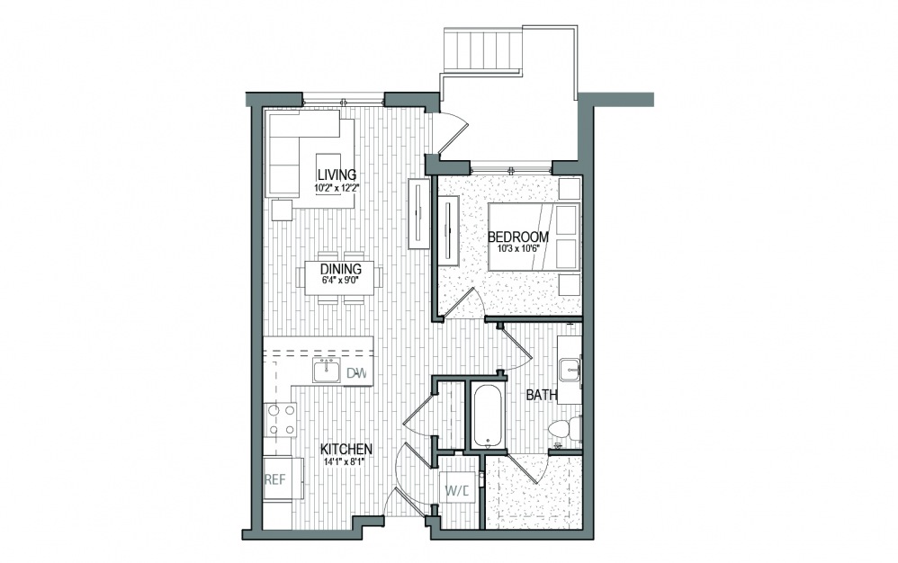 A8 - 1 bedroom floorplan layout with 1 bath and 759 square feet.