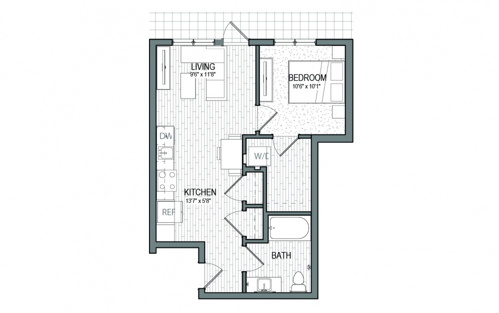 A9 - 1 bedroom floorplan layout with 1 bath and 598 square feet.