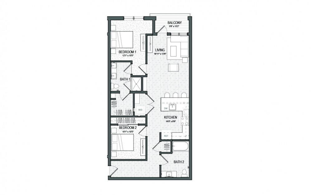 B10 LUXE - 2 bedroom floorplan layout with 2 baths and 1330 square feet.
