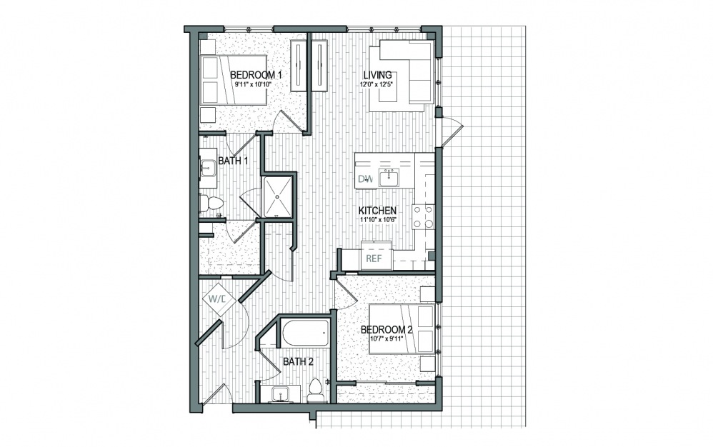 B11 - 2 bedroom floorplan layout with 2 baths and 940 square feet.