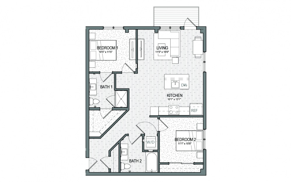 B12 - 2 bedroom floorplan layout with 2 baths and 1020 to 1047 square feet.