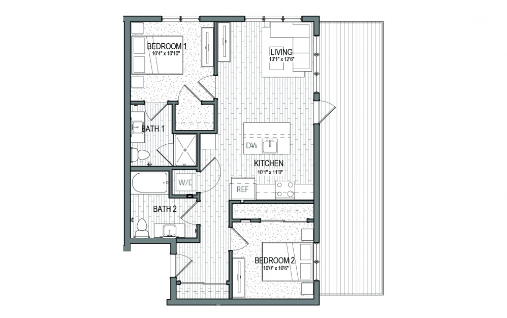 B13 - 2 bedroom floorplan layout with 2 baths and 885 square feet.