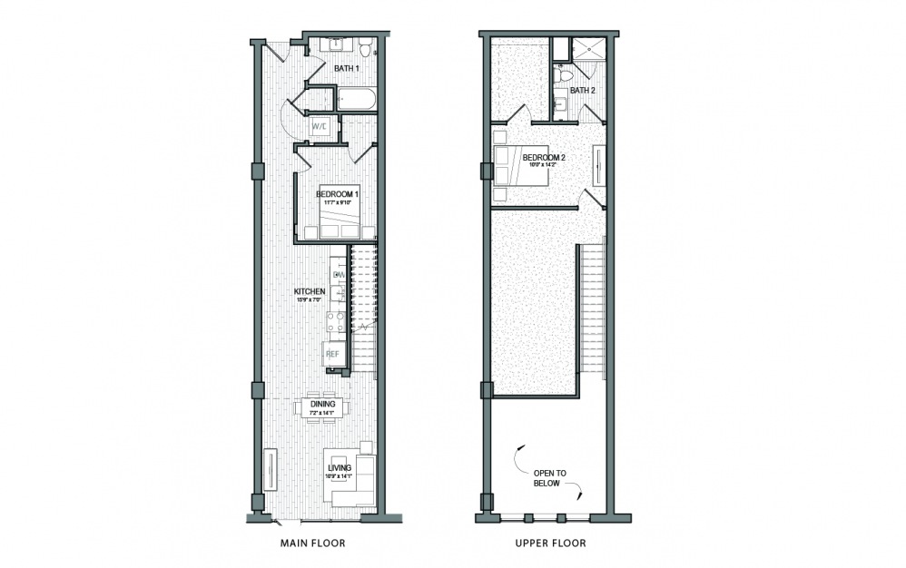 B14 - 2 bedroom floorplan layout with 2 baths and 1047 to 1330 square feet.