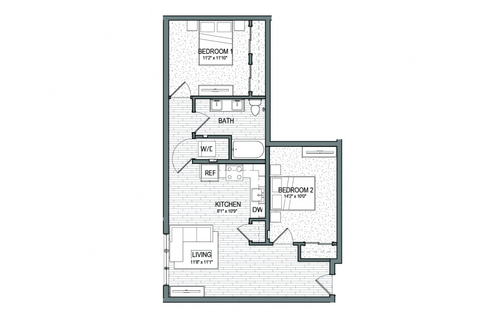 B1 - 2 bedroom floorplan layout with 1 bath and 879 square feet.