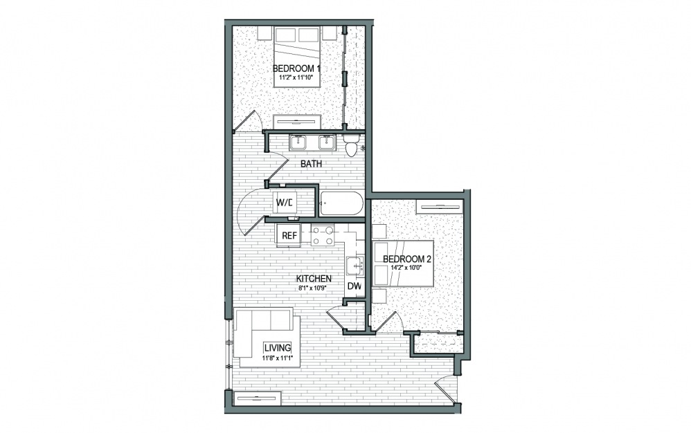 B1 AFF - 2 bedroom floorplan layout with 1 bath and 879 square feet.