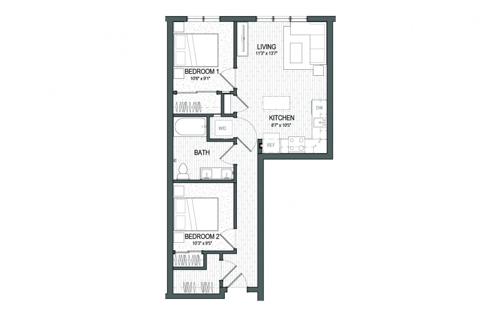 B3 LUXE - 2 bedroom floorplan layout with 1 bath and 765 square feet.