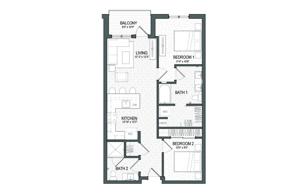 B5 LUXE - 2 bedroom floorplan layout with 2 baths and 920 to 938 square feet.