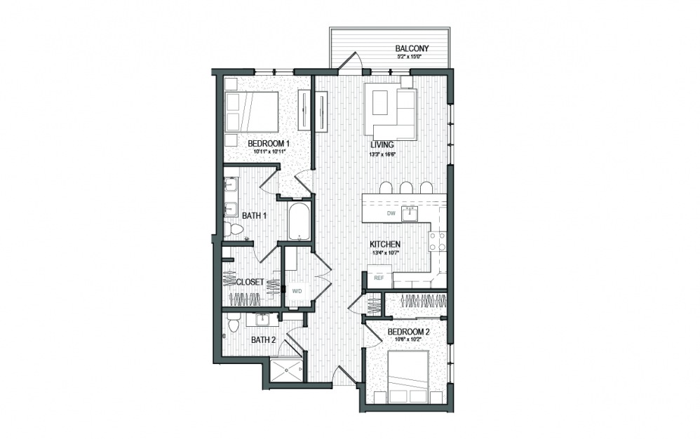 B6 LUXE - 2 bedroom floorplan layout with 2 baths and 1125 square feet.