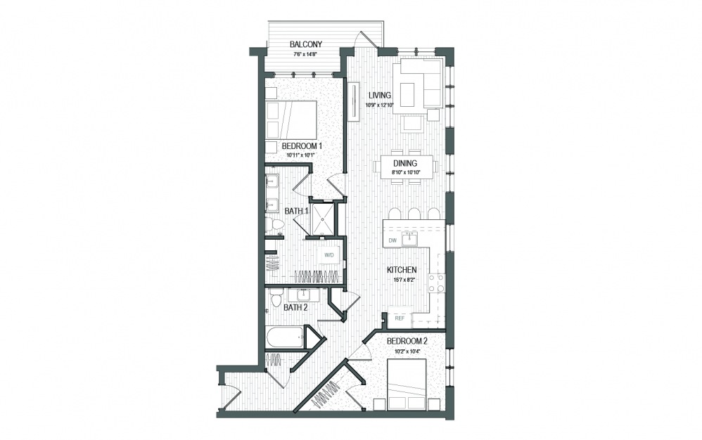 B8 LUXE - 2 bedroom floorplan layout with 2 baths and 1065 square feet.