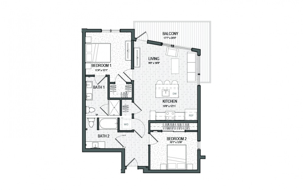 B9 LUXE - 2 bedroom floorplan layout with 2 baths and 885 square feet.