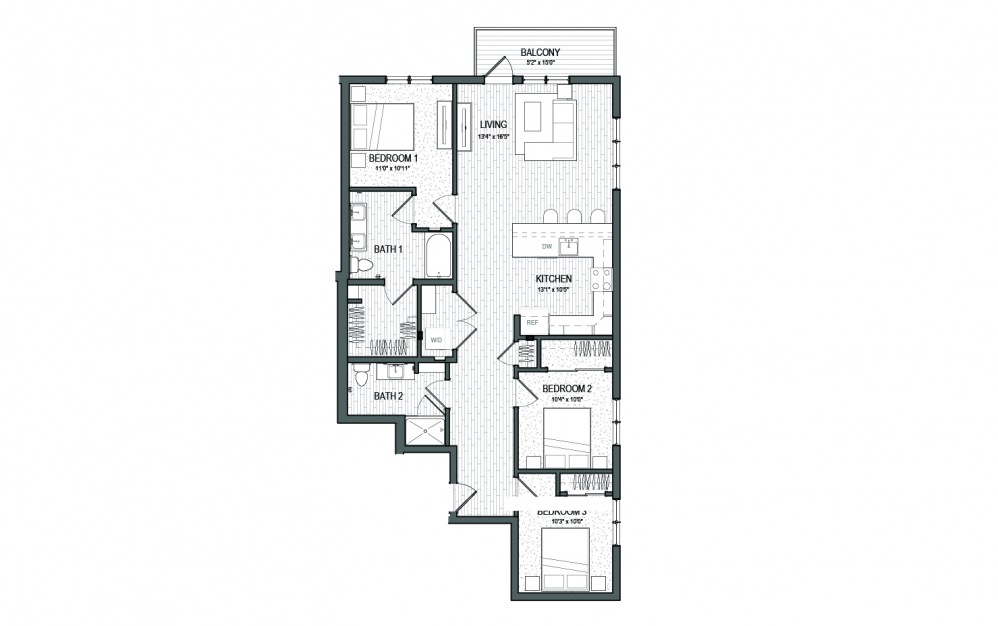 C1 LUXE - 3 bedroom floorplan layout with 2 baths and 1314 square feet.