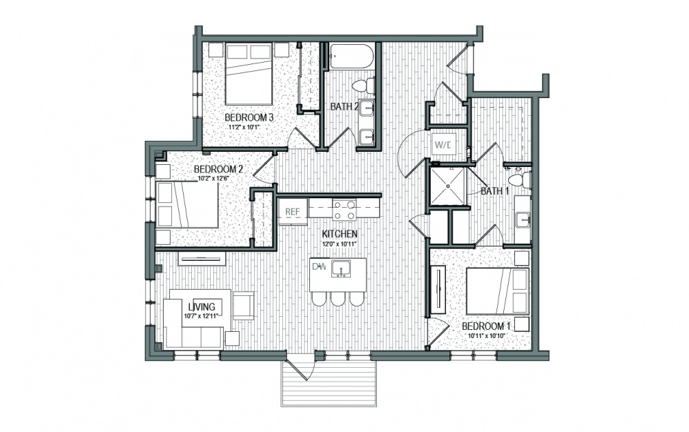 C3 - 3 bedroom floorplan layout with 2 baths and 1292 square feet.