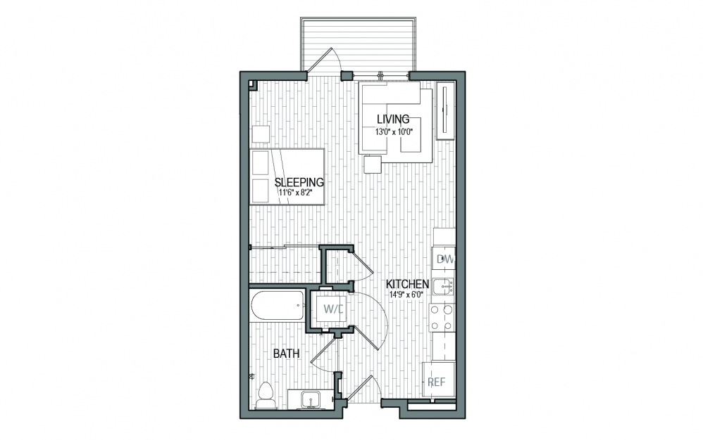 S1 - Studio floorplan layout with 1 bath and 483 square feet.