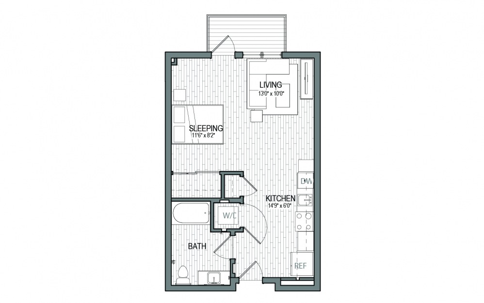 S2 AFF - Studio floorplan layout with 1 bath and 486 square feet.