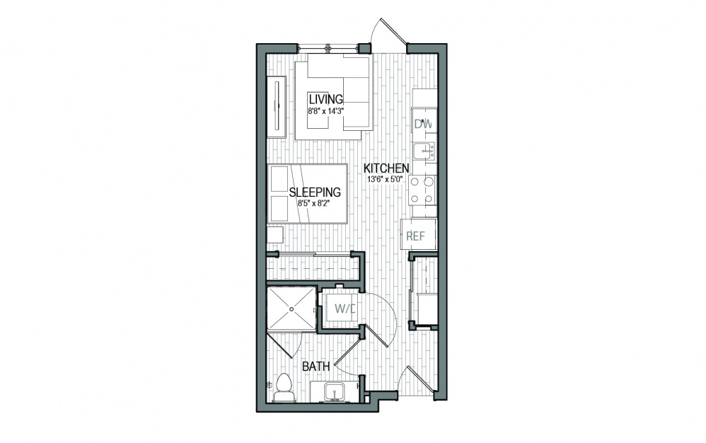 S4 - Studio floorplan layout with 1 bath and 438 square feet.