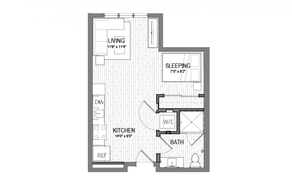 S5 - Studio floorplan layout with 1 bath and 564 square feet.