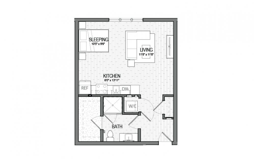 S6 - Studio floorplan layout with 1 bath and 604 square feet.