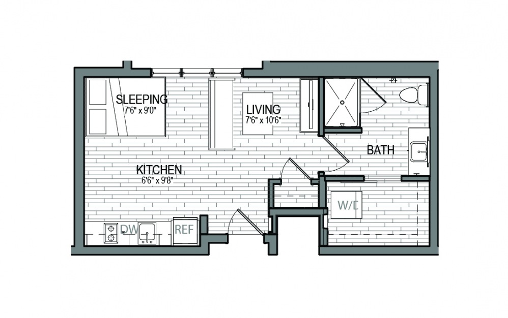 S7 AFF - Studio floorplan layout with 1 bath and 443 square feet.