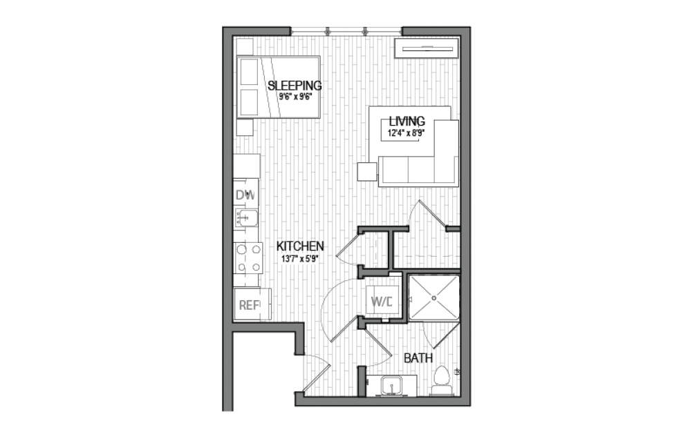 S8 - Studio floorplan layout with 1 bath and 564 square feet.