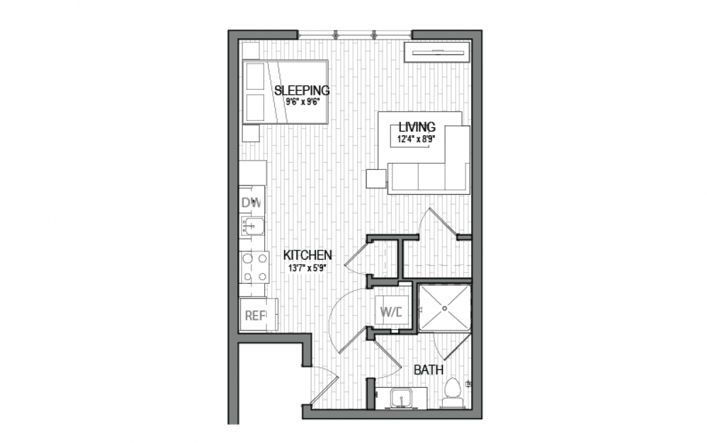 S8 AFF - Studio floorplan layout with 1 bath and 564 square feet.