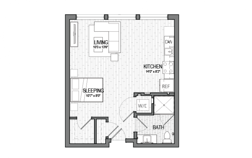 S9 - Studio floorplan layout with 1 bath and 599 square feet.